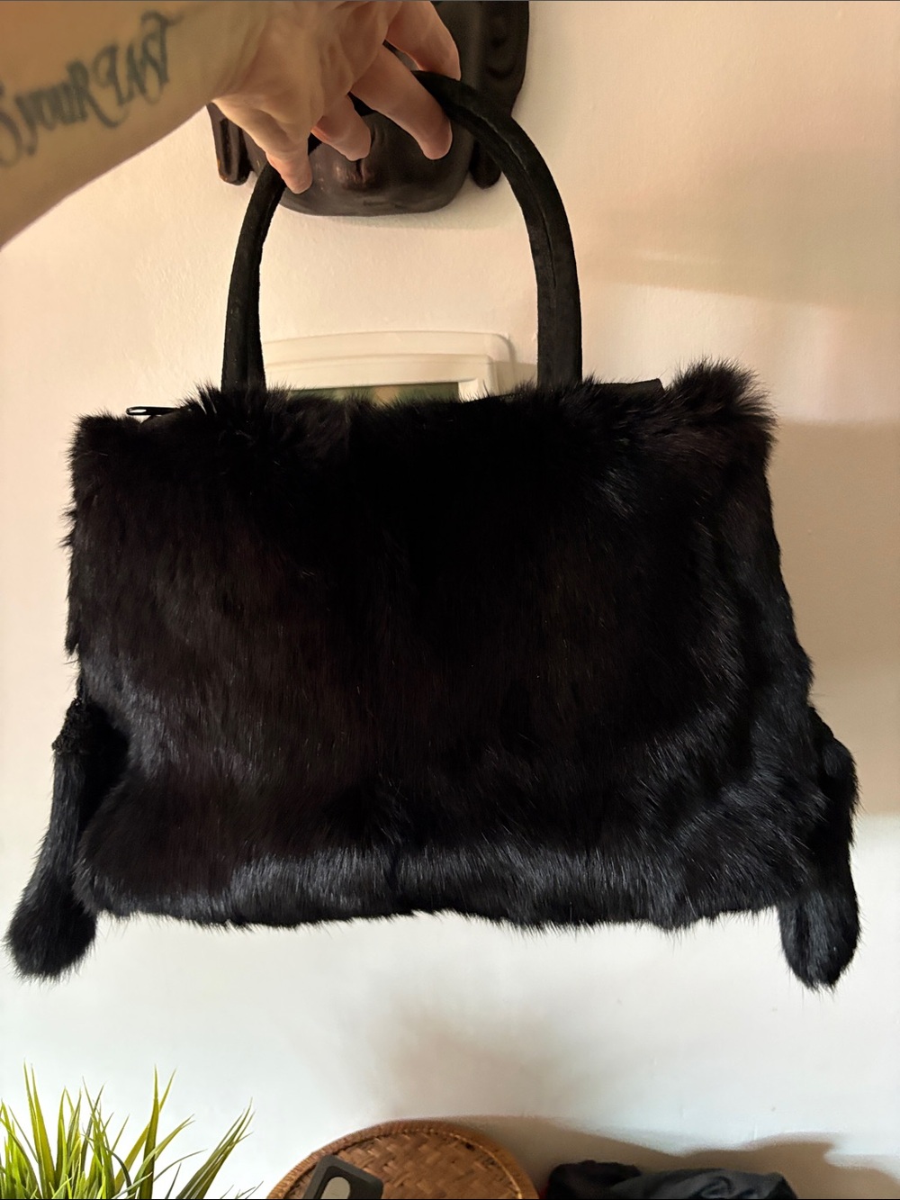 SPANNER - Black Fur with Suede Top-Handle Tote Bag